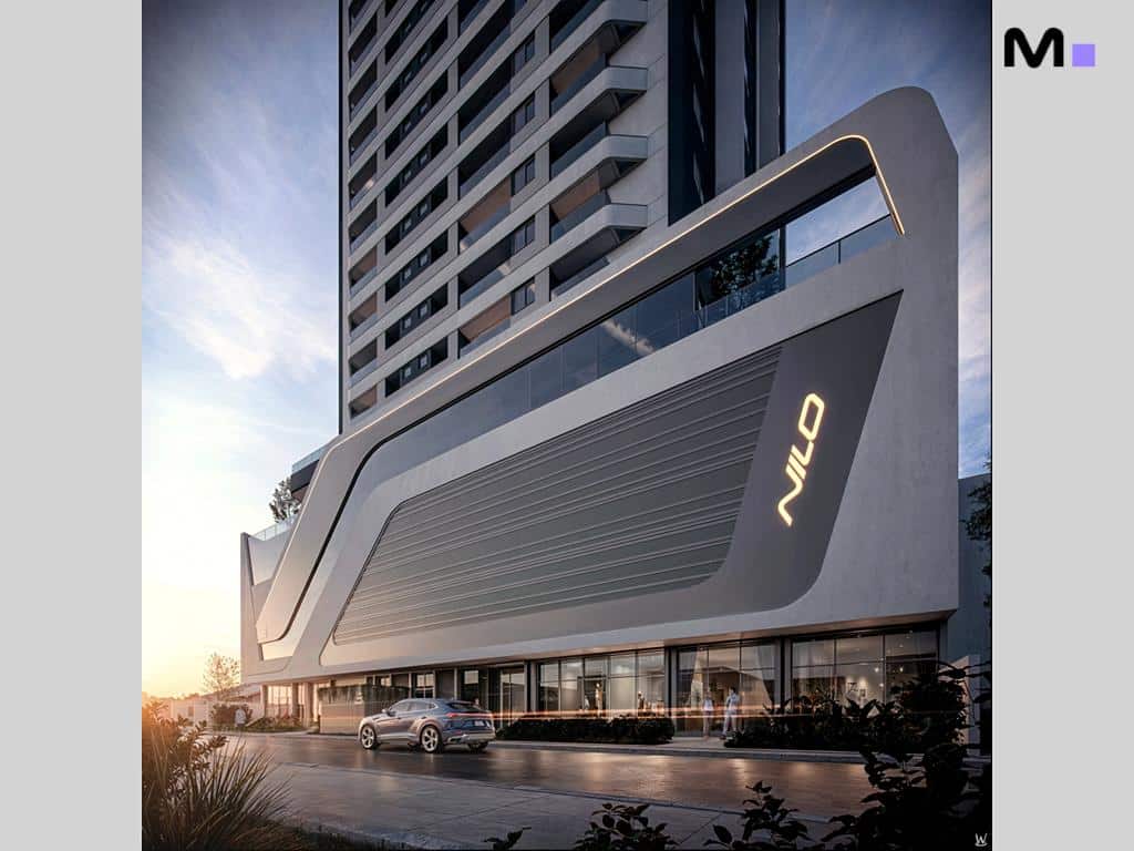Fachada moderna do Nilo Residence, com design arrojado e iluminação elegante.