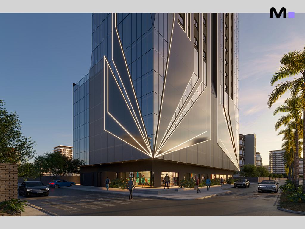 Fachada moderna do Zion Tower, com design elegante e iluminação atraente. Arquitetura contemporânea.