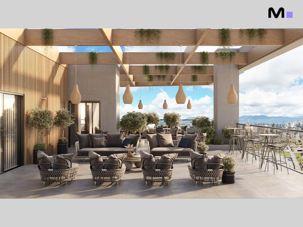 Terraço elegante do Torre Del Mare Residence com sofás e vista panorâmica da cidade.