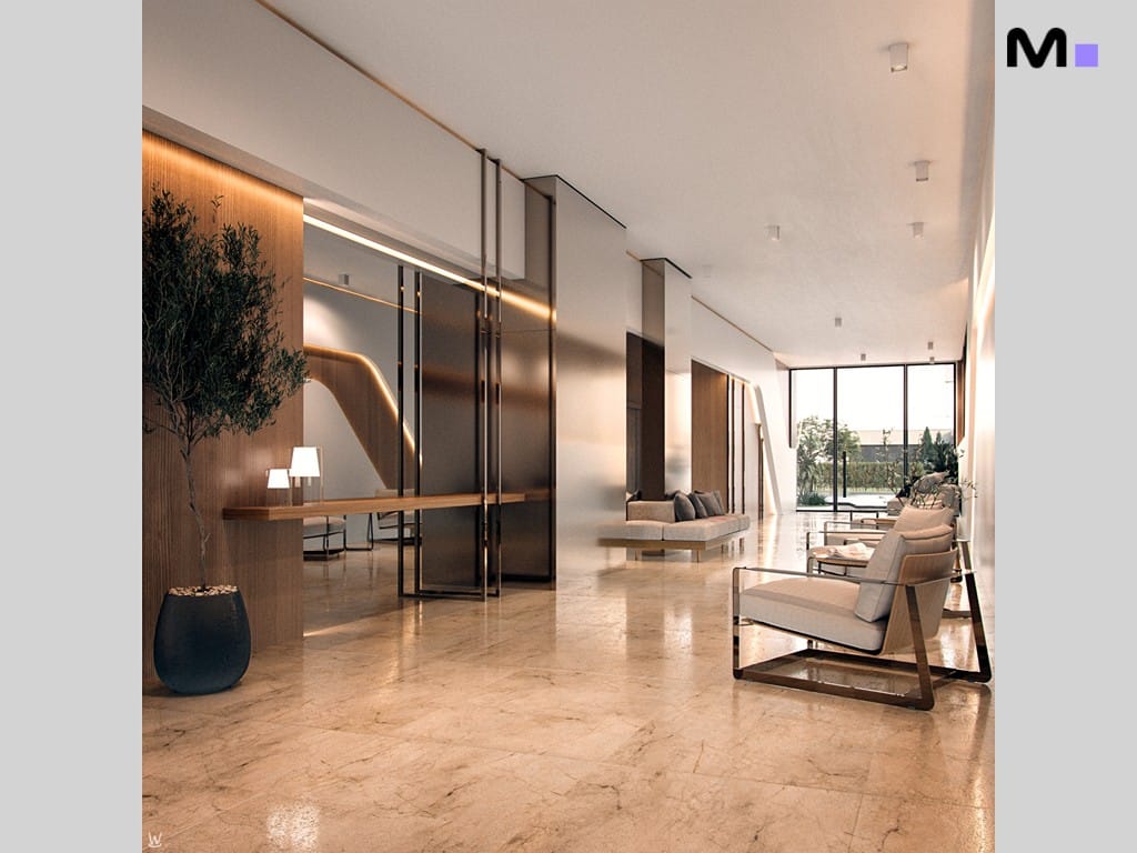 Interior elegante do Nilo Residence com poltrona moderna e piso de mármore.