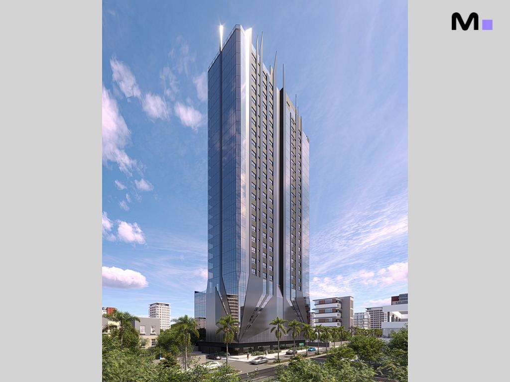 Vista da Torre Zion, um arranha-céu moderno com design único e fachada de vidro.