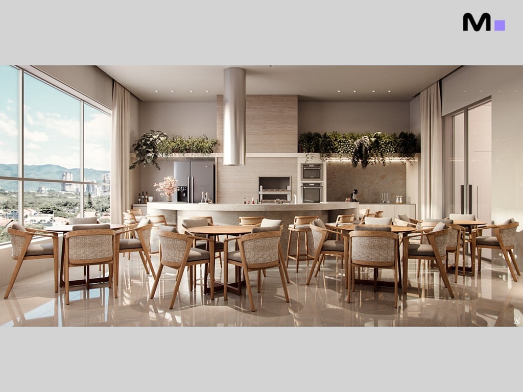 Interior da Nilo Residence: Cozinha ampla com mesas de jantar e vista panorâmica.