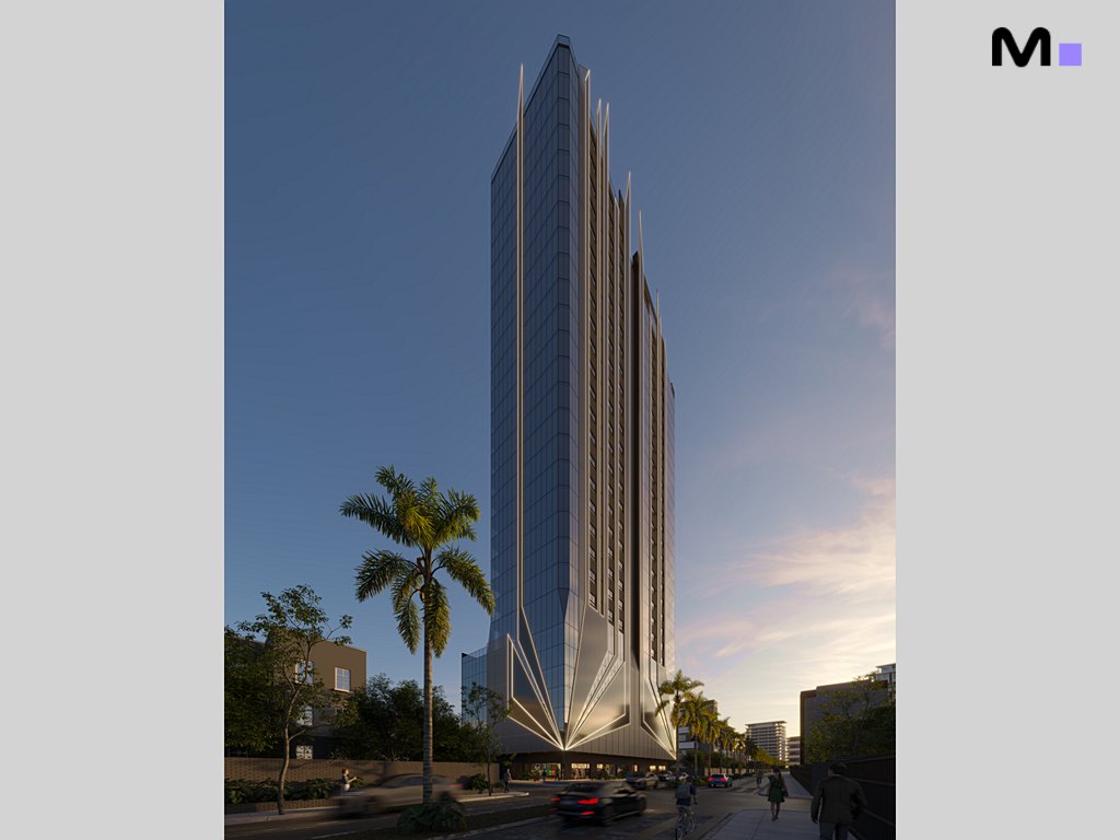 Vista da Zion Tower, um arranha-céu moderno com design elegante e palmeiras.