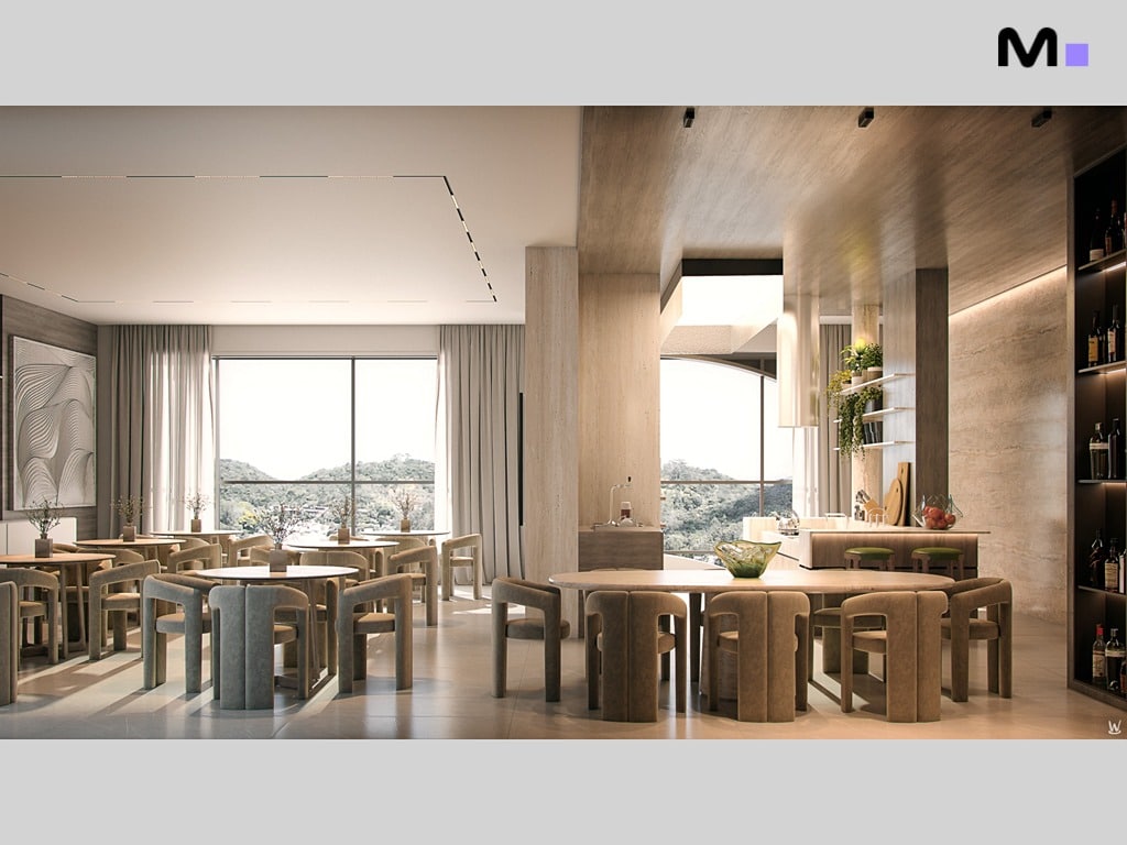 Interior do Nilo Residence com mesas e cadeiras de design moderno, iluminação natural e ambiente elegante.