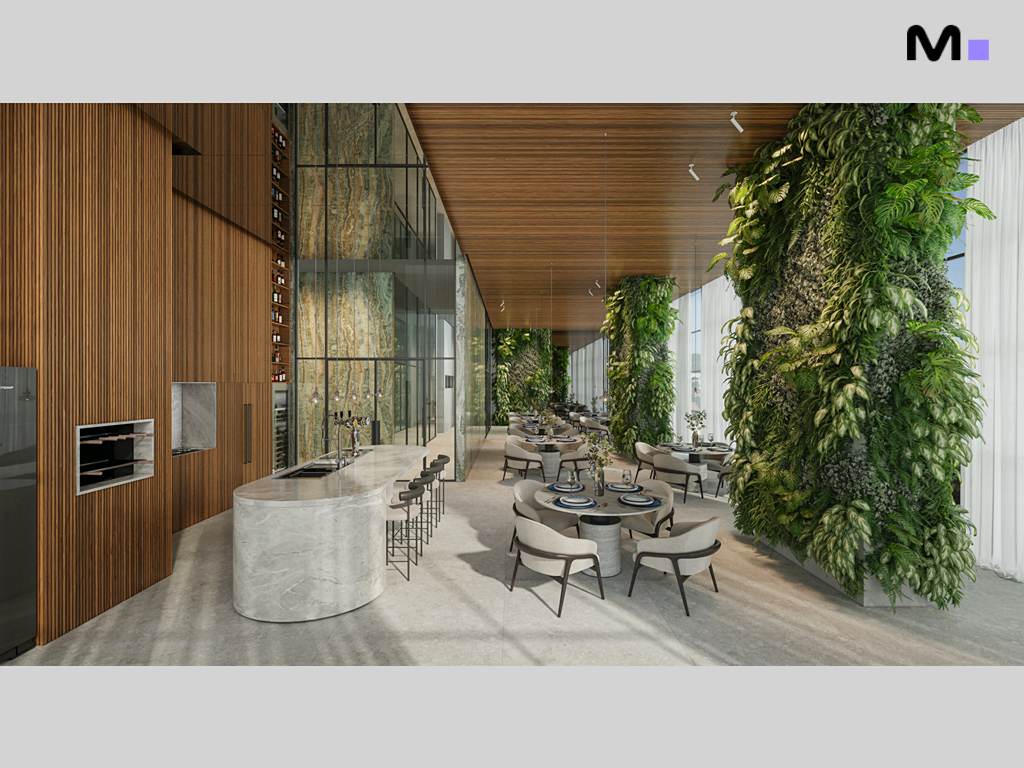 Interior moderno do Zion Tower com paredes verdes, mesas e cadeiras elegantes.