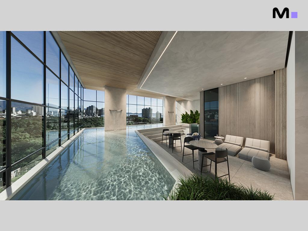 Piscina interna moderna com vista da cidade no Zion Tower. Design elegante e relaxante.