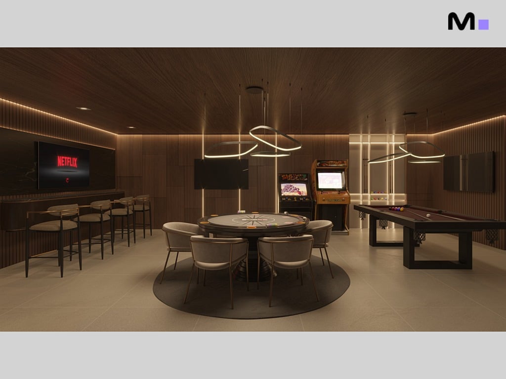Sala de jogos moderna com mesa de pôquer, bilhar e máquinas de arcade. Netflix na TV.