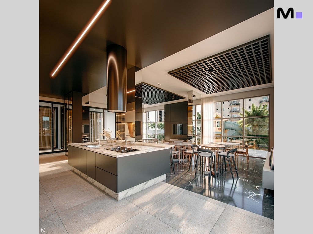 Cozinha moderna do Nilo Residence com ilha central e design elegante.