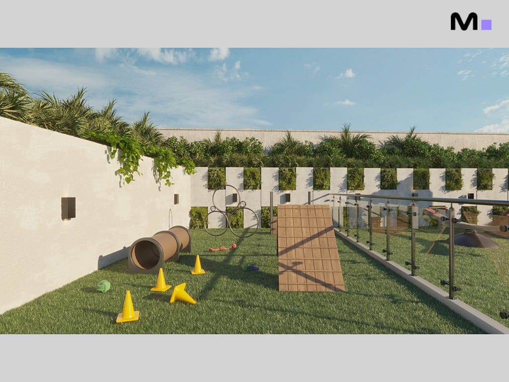 Parque para cães no Torre Del Mare Residence com túnel, rampa e cones.