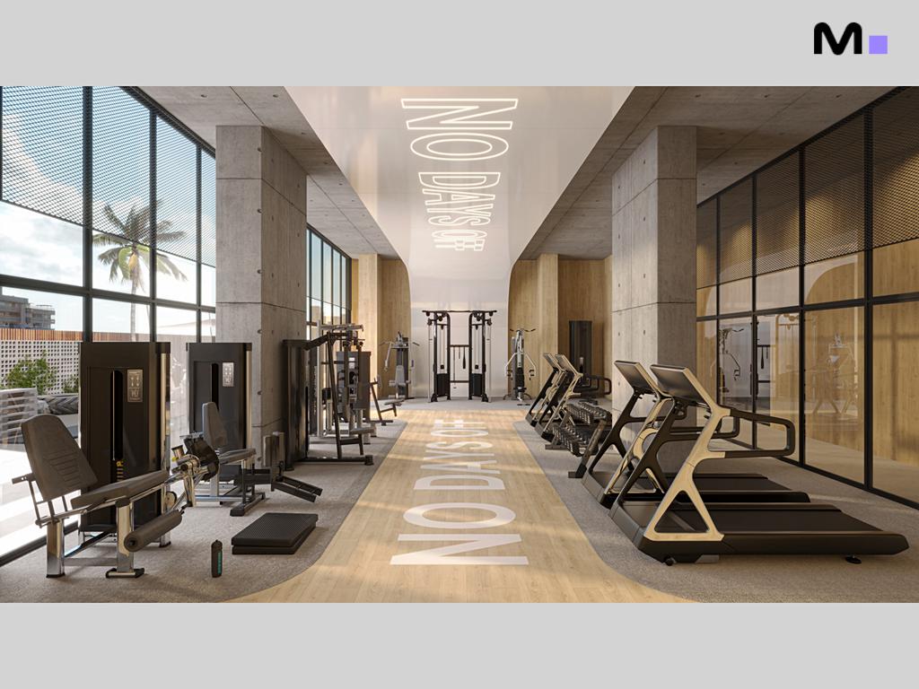 Academia moderna com esteira e equipamentos de musculação no Zion Tower. "No Days Off" no chão.