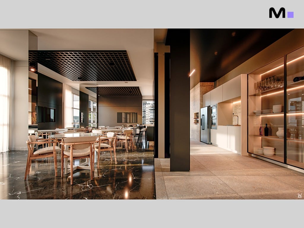 Interior moderno do Nilo Residence com área de refeições elegante e cozinha bem iluminada.