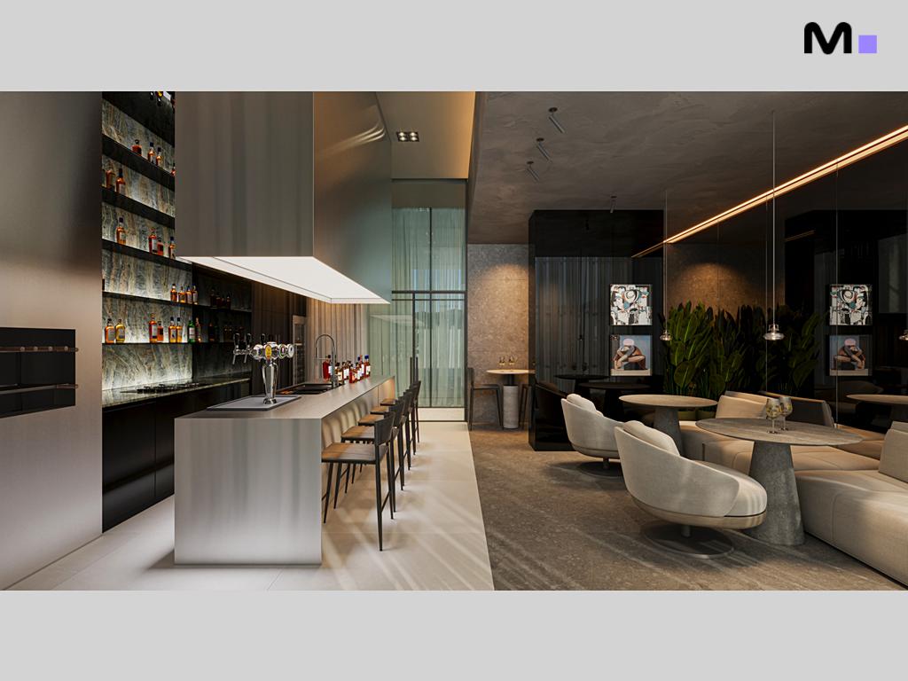 Interior moderno do Zion Tower com bar, cadeiras e mesas elegantes.