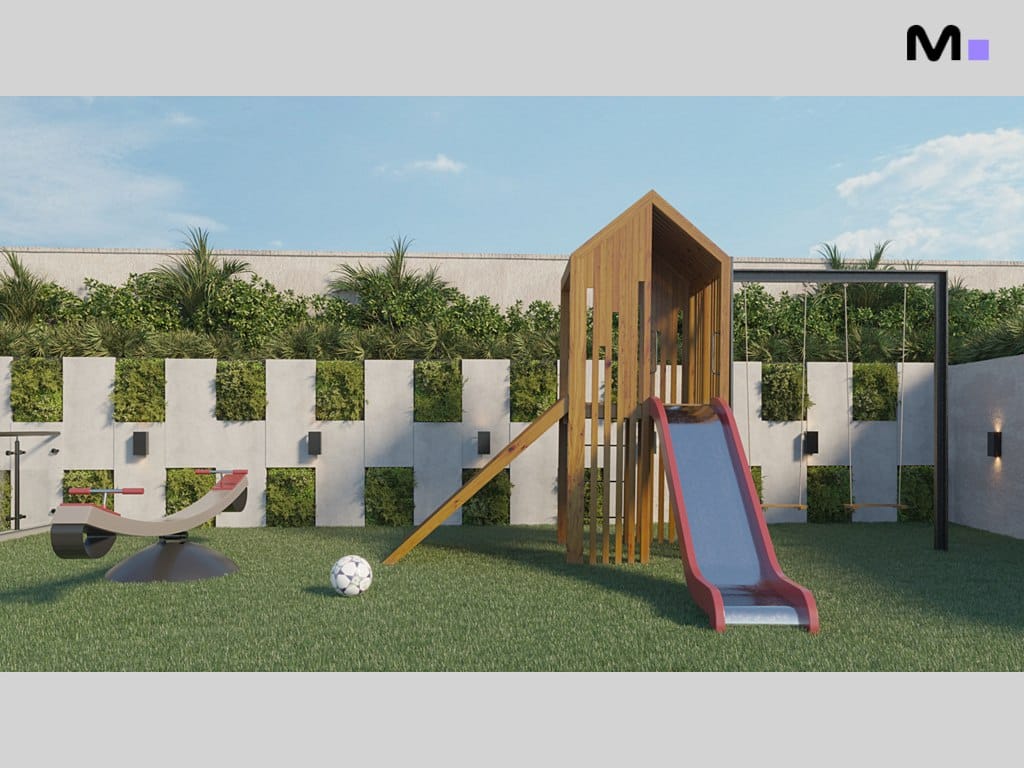 Playground infantil no Torre Del Mare Residence com balanço, escorregador e gramado verde.