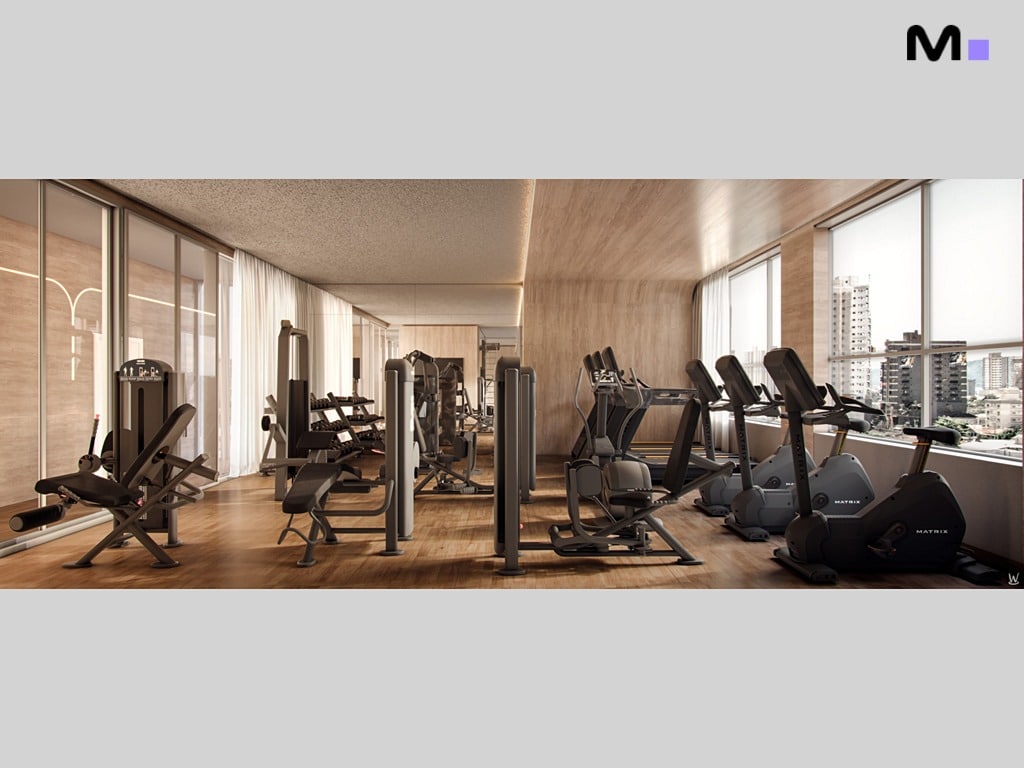 Academia moderna no Nilo Residence com equipamentos Matrix e luz natural.
