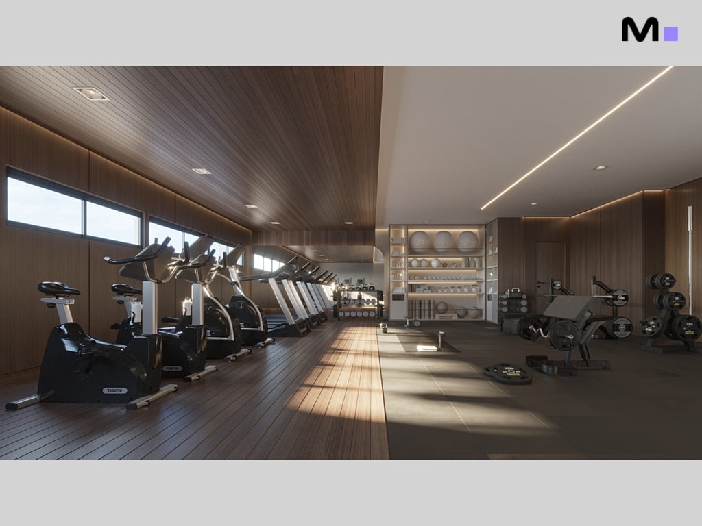 Academia moderna no Torre Del Mare Residence: equipamentos de ginástica e design elegante.