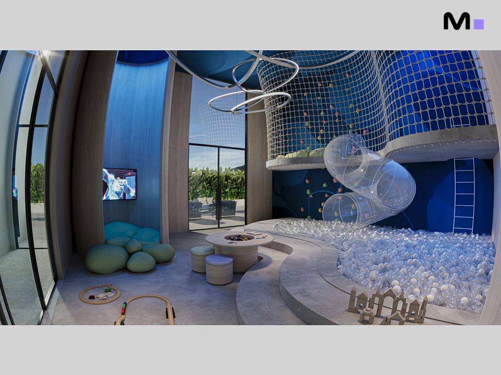 Playroom moderna com piscina de bolinhas e escorregador, parte do Zion Tower.