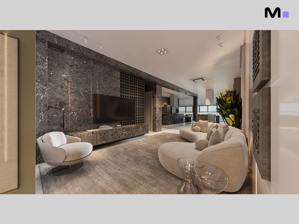 Sala de estar moderna com sofá curvo bege e parede de destaque em pedra escura. Zion Tower.