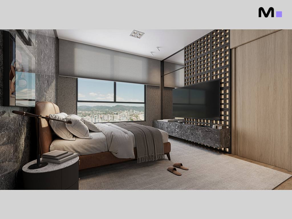 Quarto moderno com cama, TV e vista da cidade. Zion Tower.