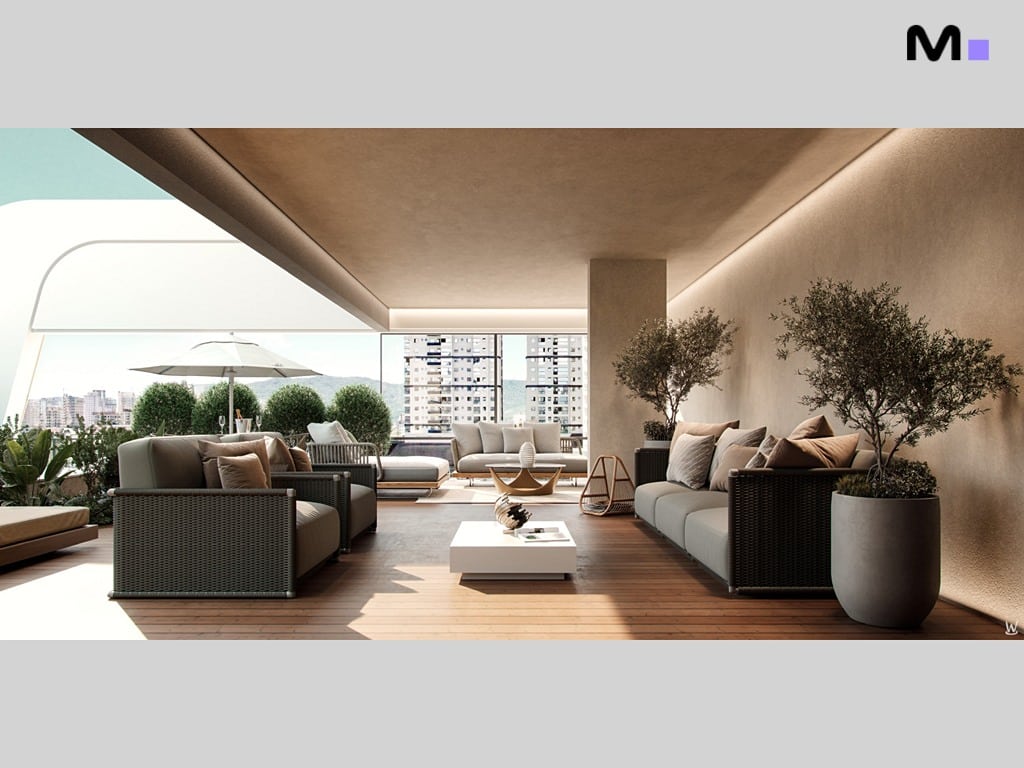 Varanda do Nilo Residence com móveis de exterior, sofás e plantas em vasos.