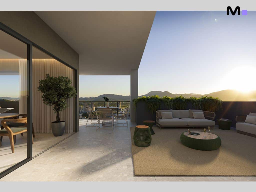 Varanda moderna do Hyde Residence com vista para a montanha e área de estar confortável.