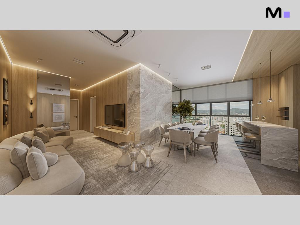 Interior moderno do Zion Tower: sala de estar, jantar e cozinha integrados com vista panorâmica.