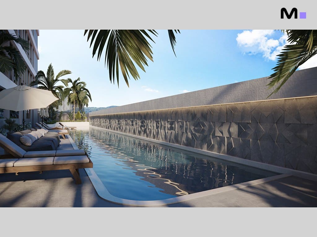 Piscina moderna na Torre Del Mare Residence com parede texturizada e palmeiras.