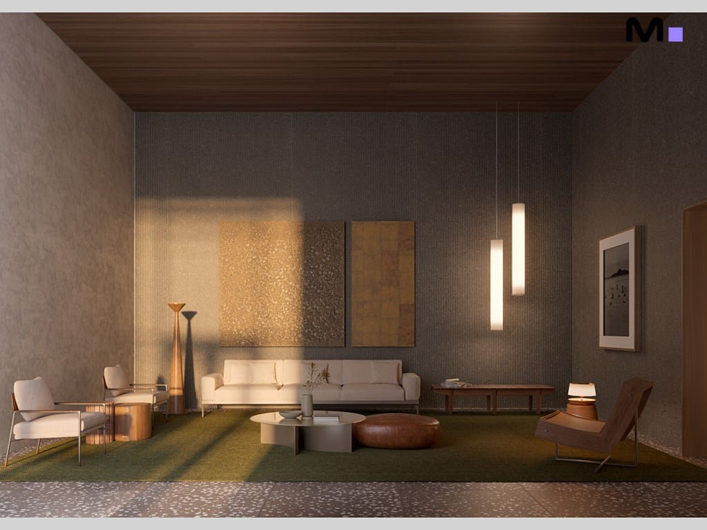 Sala de estar moderna com tapete verde e decoração minimalista, Vibra Phacz Home.