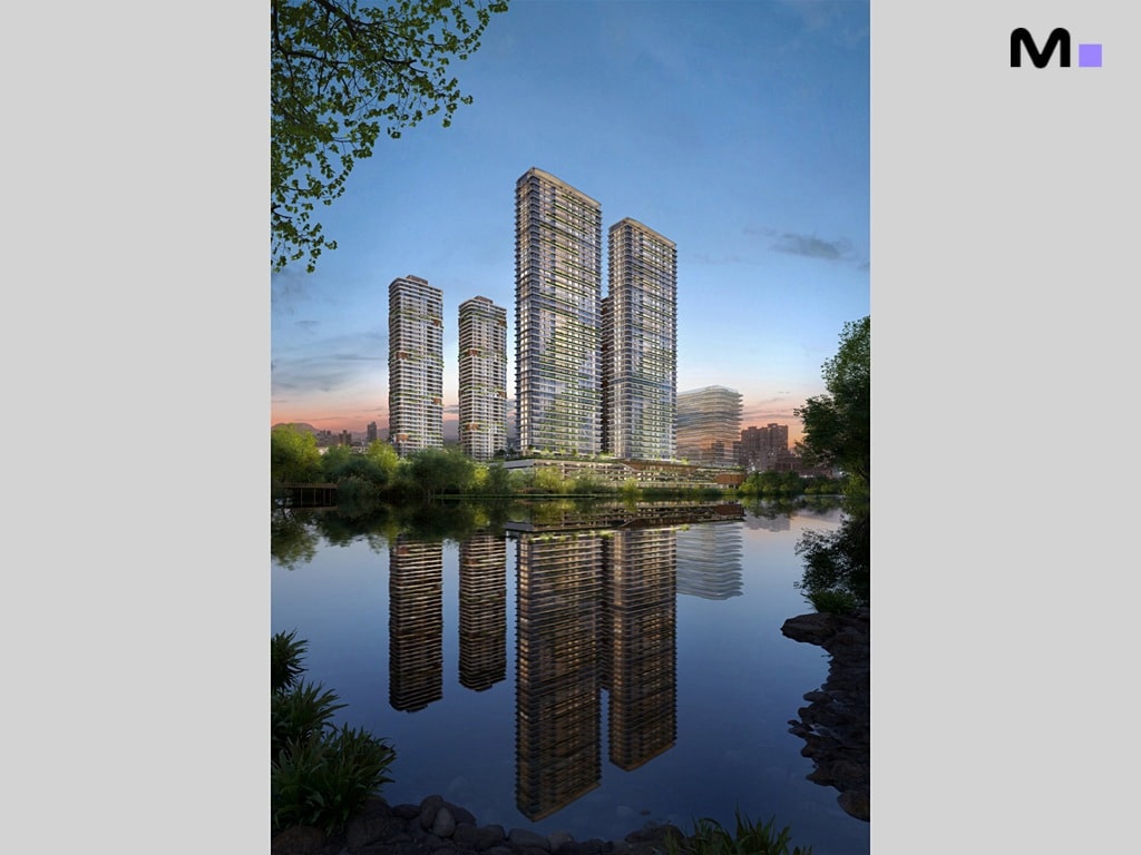 Residências Lagom Perequê refletidas na água, edifícios modernos em paisagem urbana serena.