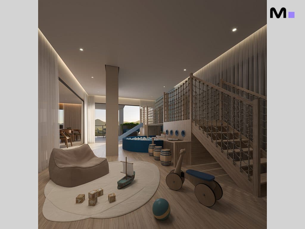 Quarto infantil lúdico com piscina de bolinhas, escorregador e escada de madeira. Design Hyde Residence.