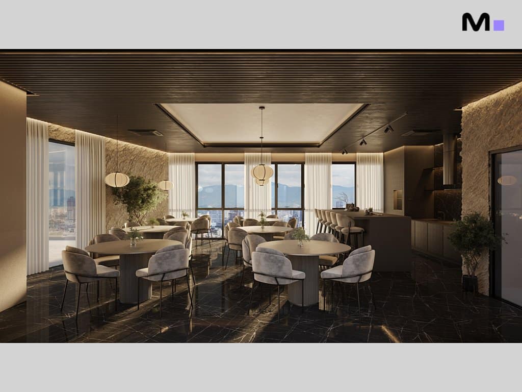 Interior elegante do Torre Del Mare Residence com mesas, cadeiras e vista panorâmica.