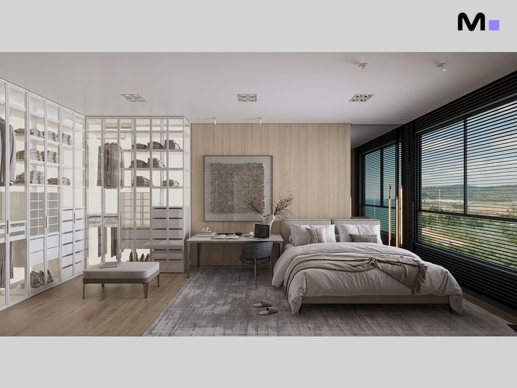 Quarto moderno com closet espaçoso, cama confortável e vista panorâmica. Design de interiores elegante.