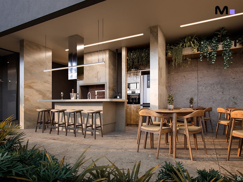 Cozinha externa moderna do Nilo Residence com ilha e área de jantar.