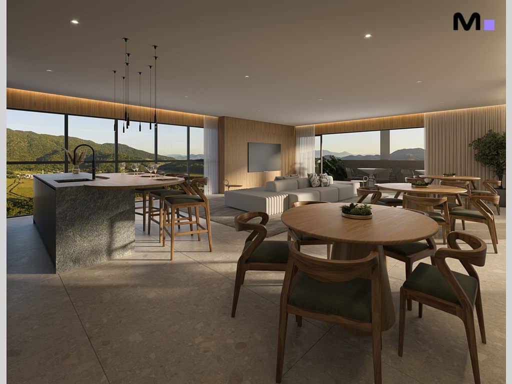 Interior moderno da Hyde Residence com cozinha aberta e vista panorâmica.