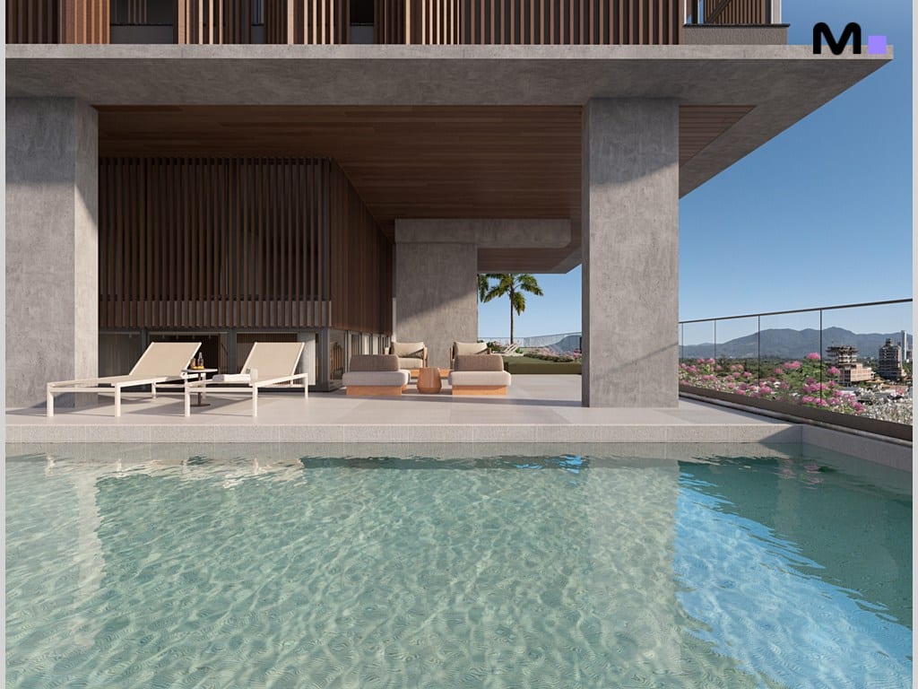 Piscina luxuosa com vista panorâmica no Vibra Phacz Home. Espreguiçadeiras e área de descanso.