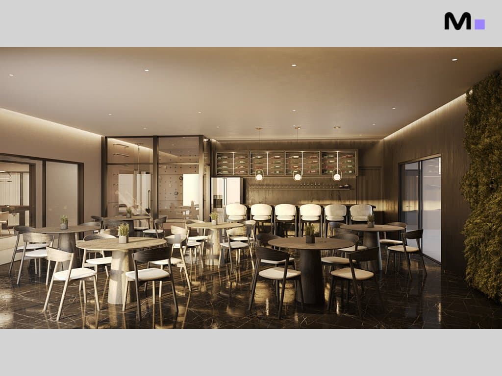 Interior elegante do Torre Del Mare Residence com mesas, cadeiras e adega iluminada.