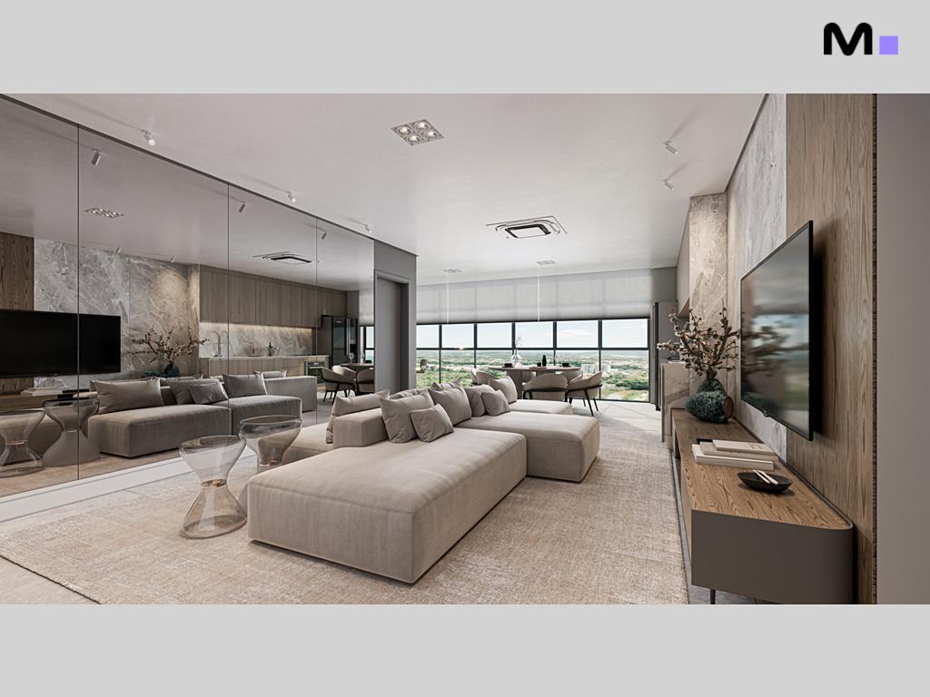 Sala de estar moderna com sofá bege e vista panorâmica na Zion Tower.