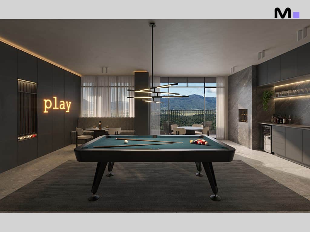 Sala de jogos da Hyde Residence com mesa de bilhar e área de bar moderna.