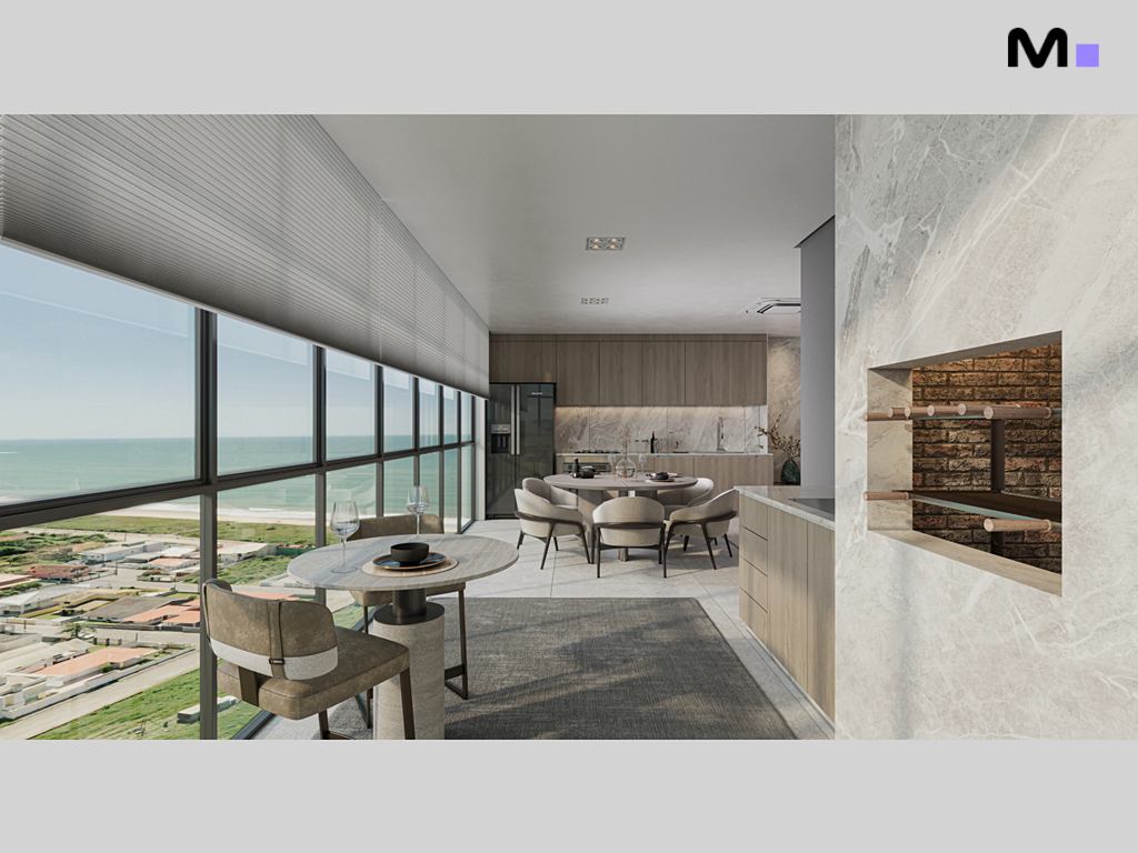 Interior moderno e luxuoso do Zion Tower com vista para o mar. Cozinha e sala de jantar integradas.