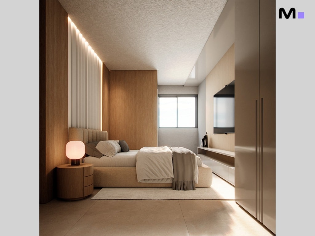 Quarto moderno e minimalista do Nilo Residence com cama de casal e TV.