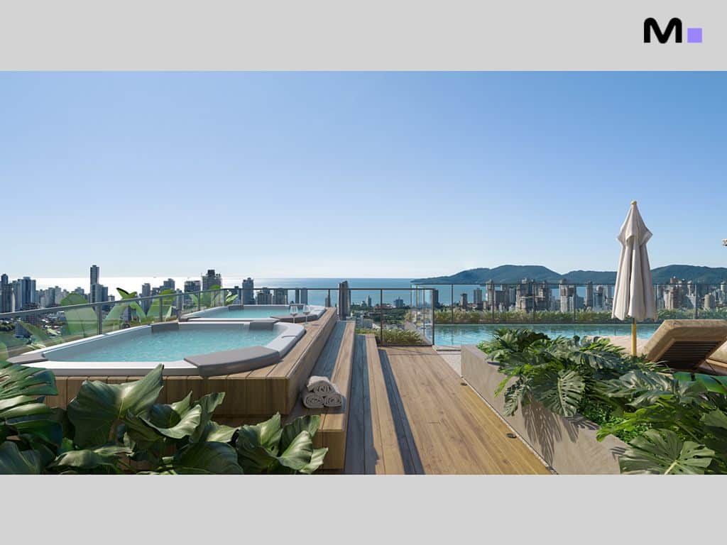 Hyde Residence: Vista deslumbrante da piscina e jacuzzi com horizonte urbano e oceano.