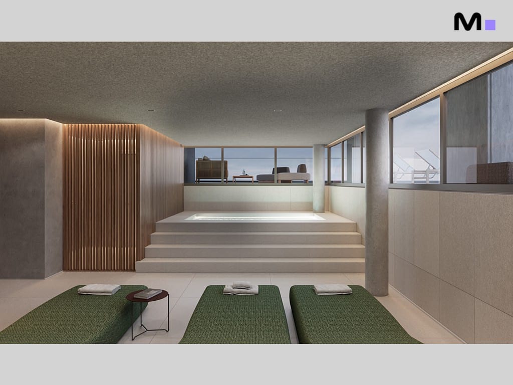 Interior do Vibra Phacz Home com piscina, espreguiçadeiras e vista panorâmica.