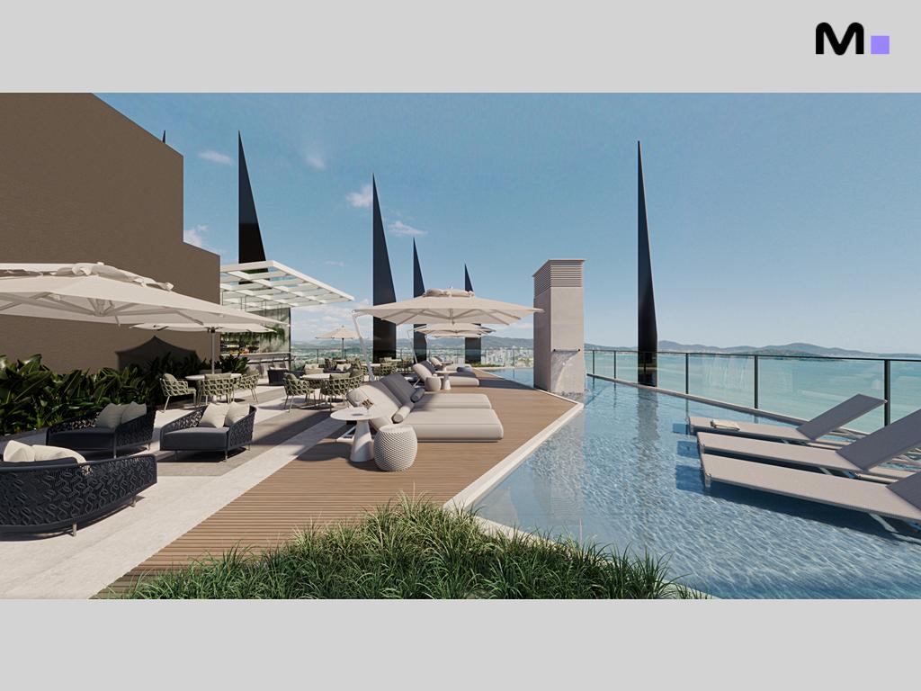 Piscina luxuosa na cobertura do Zion Tower com vista para o mar.