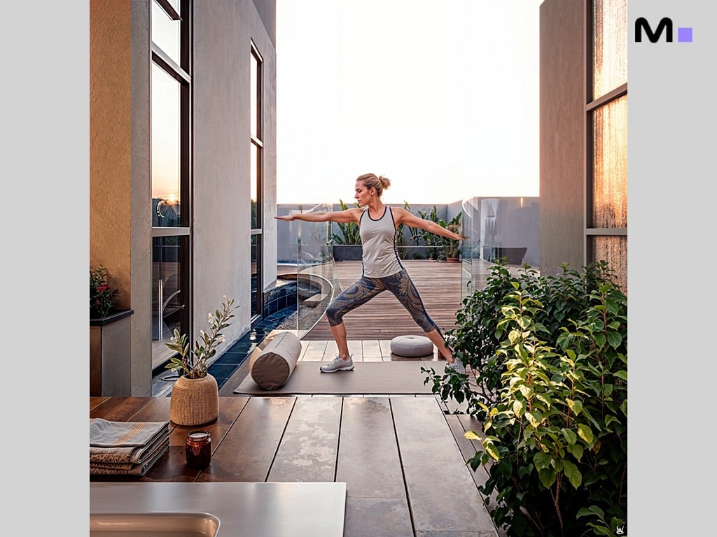 Mulher praticando yoga na Nilo Residence, em um terraço ao ar livre. Postura de guerreiro.