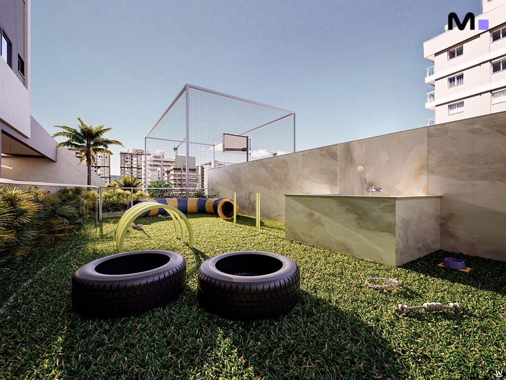 Parque para cães no Nilo Residence com túnel, pneus e área de banho.