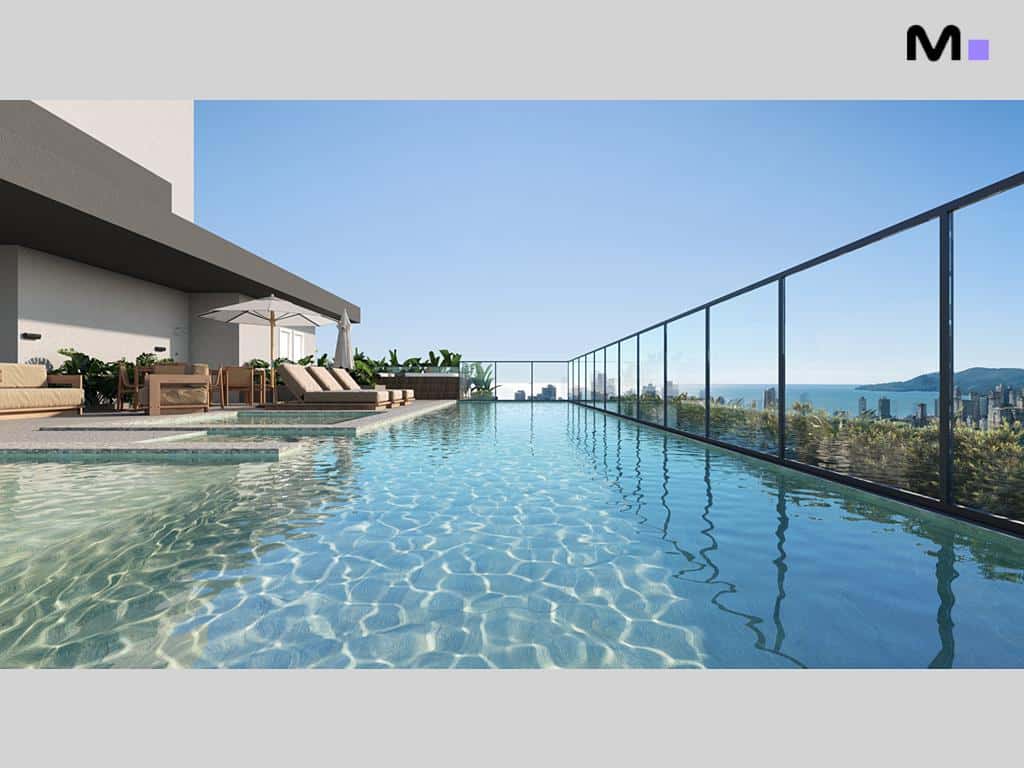 Piscina de borda infinita no Hyde Residence com vista panorâmica da cidade.