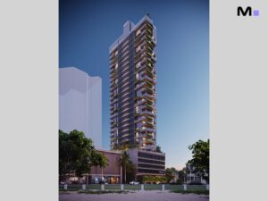 Residência Blue Forest: Arranha-céu moderno com varandas verdes e design elegante.