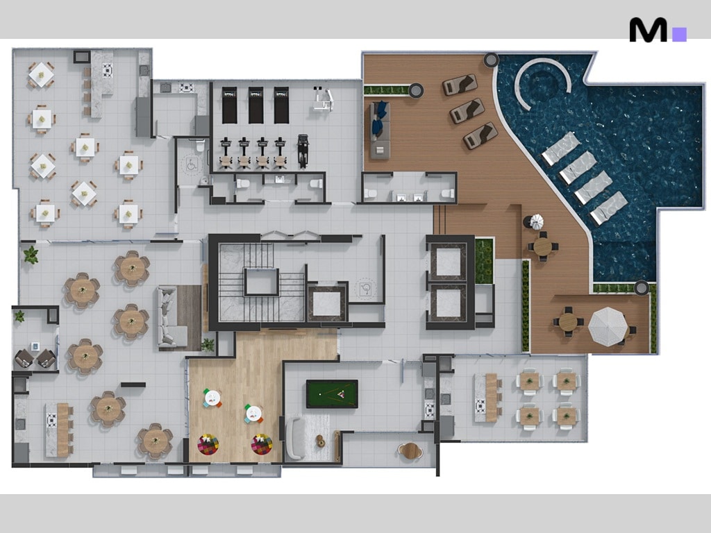 Planta baixa do Quest Residence com piscina, academia, restaurante e áreas de convivência.