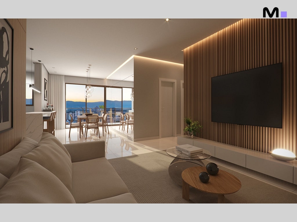 Sala de estar moderna com TV e sofá bege, parte do Quest Residence.