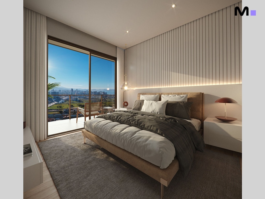 Quarto moderno e iluminado no Quest Residence com vista para a cidade.