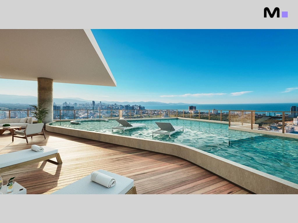 Cobertura do Quest Residence com piscina, espreguiçadeiras e vista para o mar.